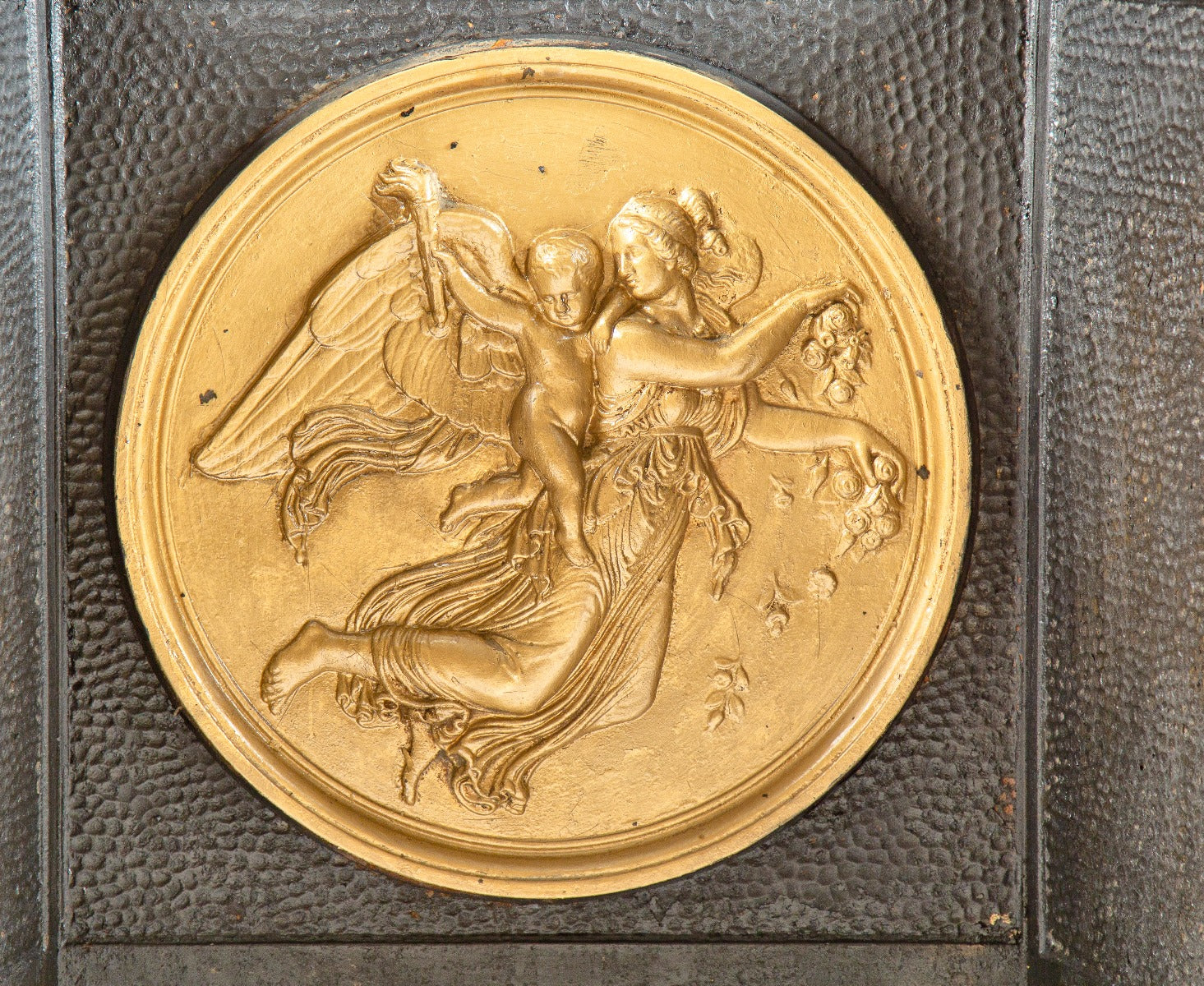 seldom found 19th century original and intact three-sided salvaged chicago fireback with figural circular medallion