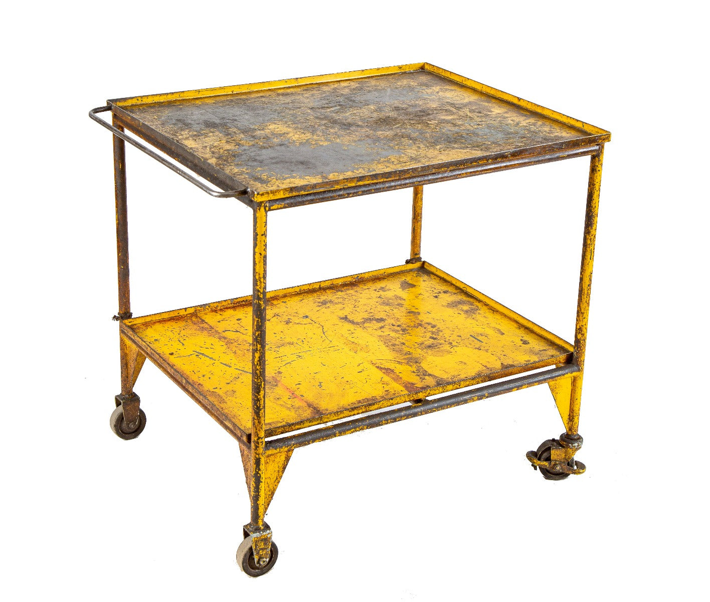 nicely worn and weathered yellow enameled reinforced steel two-tier indiana penitentiary transport cart