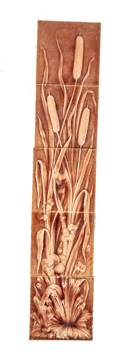 original 19th century rose-colored american victorian fireplace tile set featuring embossed cattails