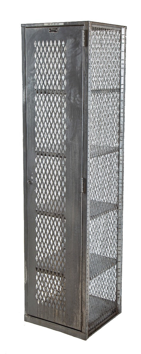 vintage american industrial freestanding welded joint steel locker with perforated metal and single hinged door