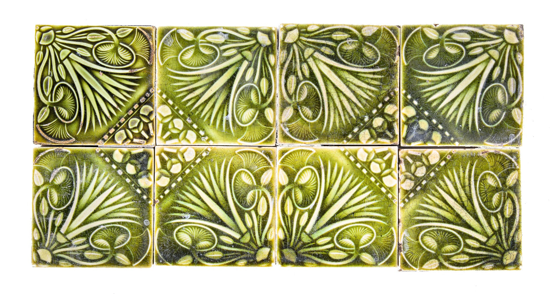 matching lot of 19th century mottled green majolica glazed salvaged chicago fireplace tiles with distinctive design