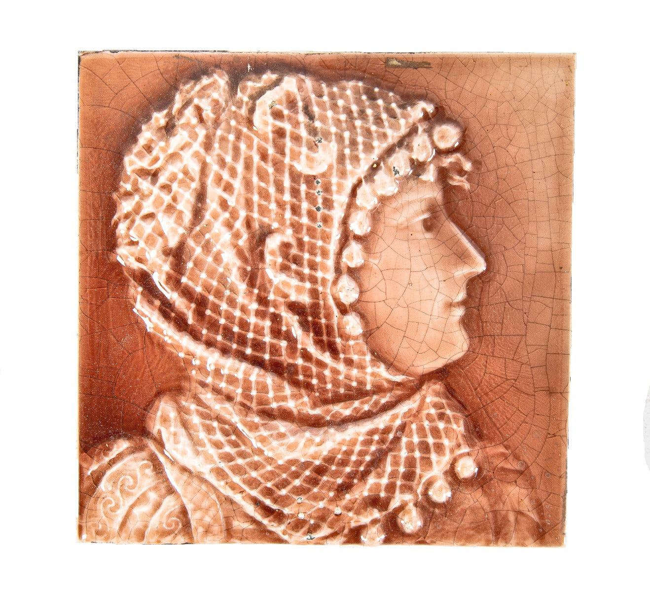 single 19th century isaac broome-designed salvaged chicago figural majolica tile with allover crazed finish