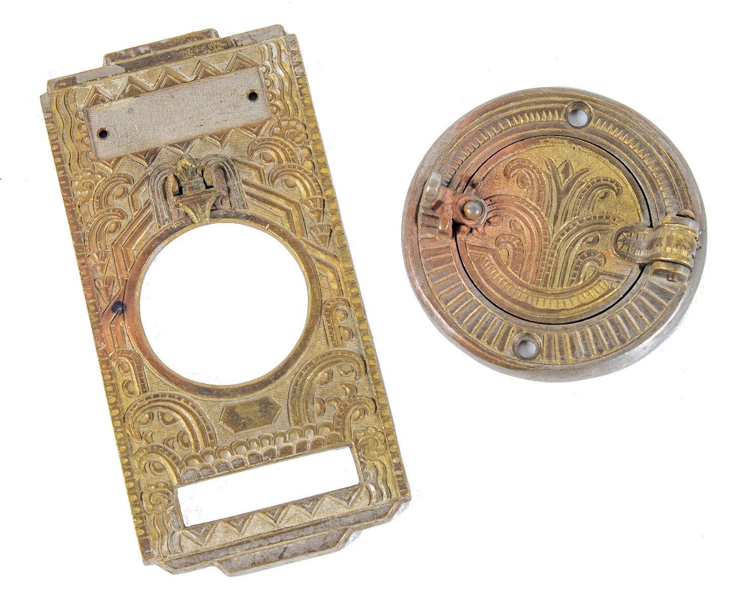 original "roaring twenties" ornamental cast brass salvaged art deco style door peephole cover