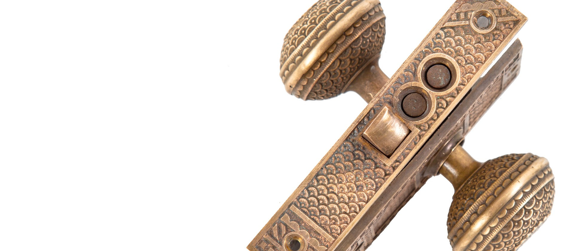 original highly sought after "daisy" pattern ornamental cast brass 1880s eastlake style entrance door hardware