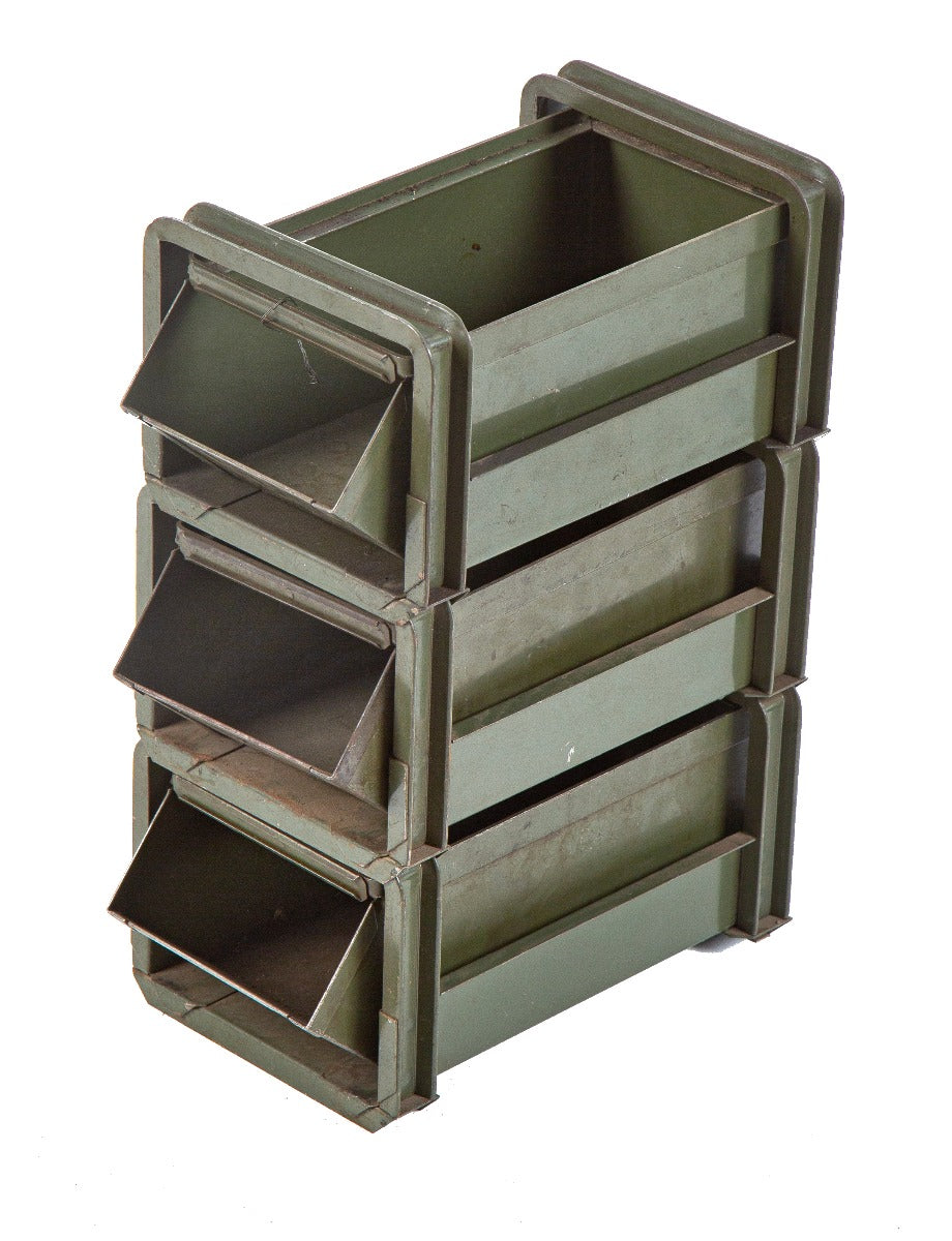 group of three matching vintage american industrial stackable olive green enameled "hopper" boxes