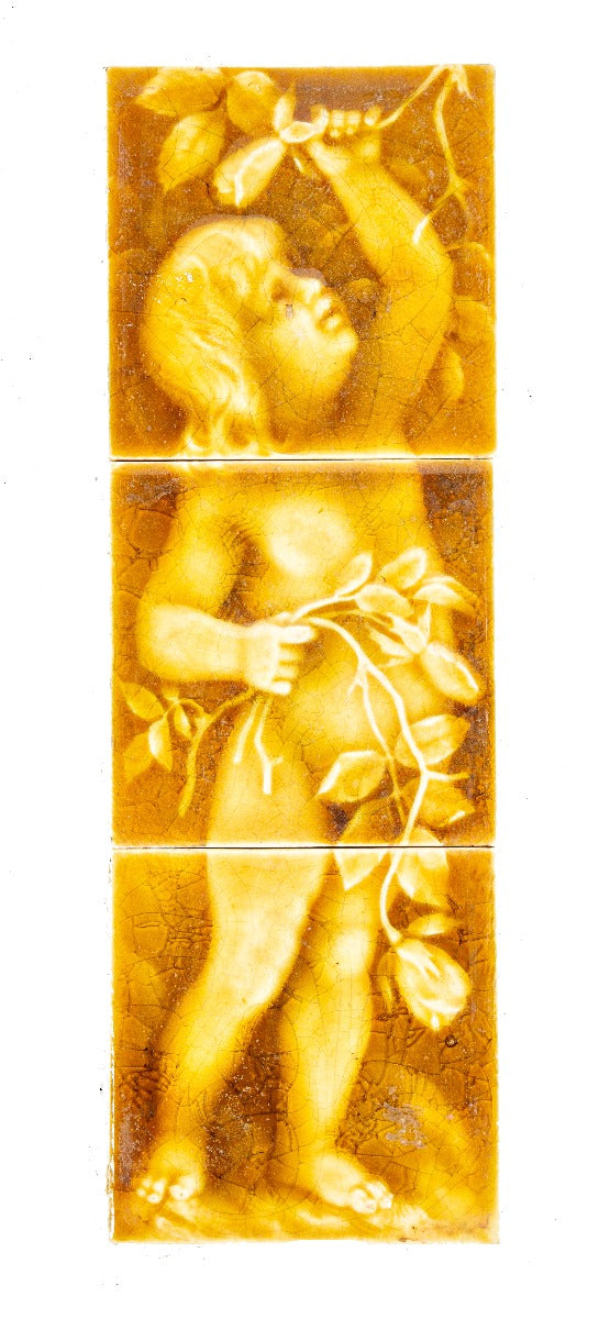 19th century original salvaged chicago victorian-era three-piece 6 x 18 inch figural majolica tile set