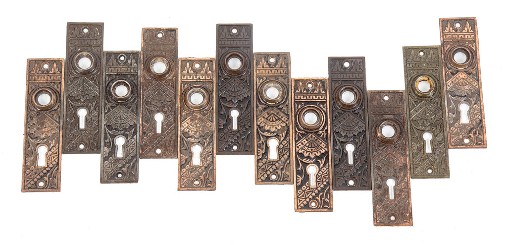 large lot of original 1880 eastlake style "oriental" pattern salvaged chicago cast iron doorknob backplates