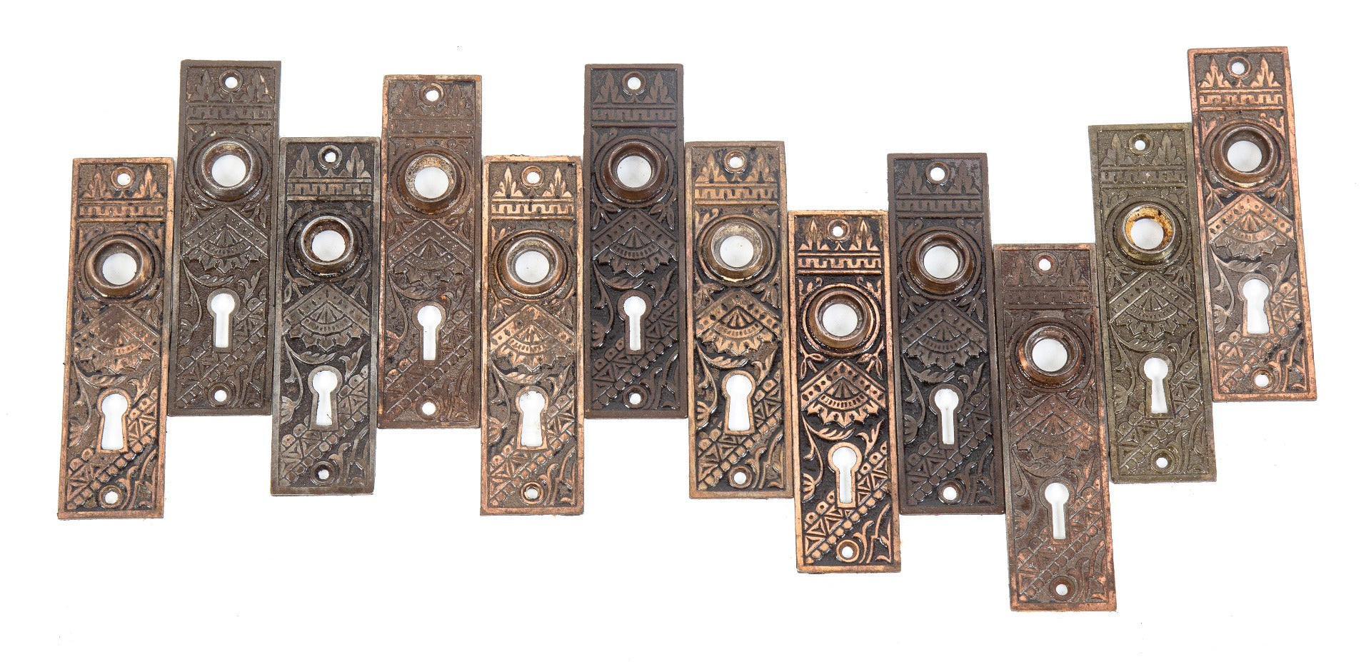 large lot of original 1880 eastlake style "oriental" pattern salvaged chicago cast iron doorknob backplates