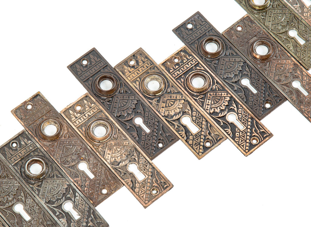 large lot of original 1880 eastlake style "oriental" pattern salvaged chicago cast iron doorknob backplates