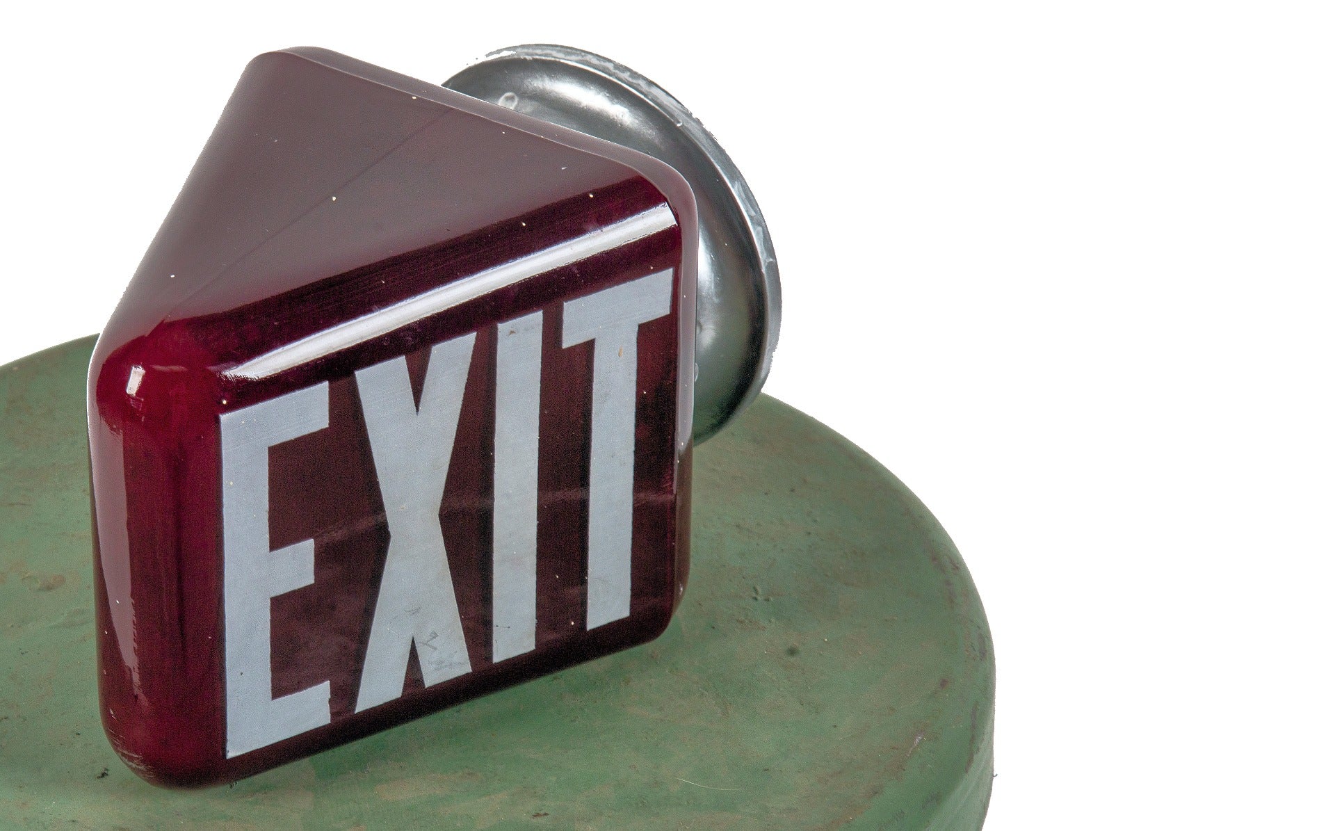 double-sided 1930s american art deco ruby red illuminated glass exit globe with bold white letters