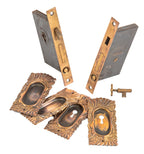 original 19th century ornamental wrought brass salvaged chicago "roanoke" pattern pocket door set with key