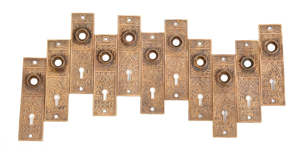 large lot of matching 19th century interior residential salvaged chicago cast brass eastlake style passage door backplates