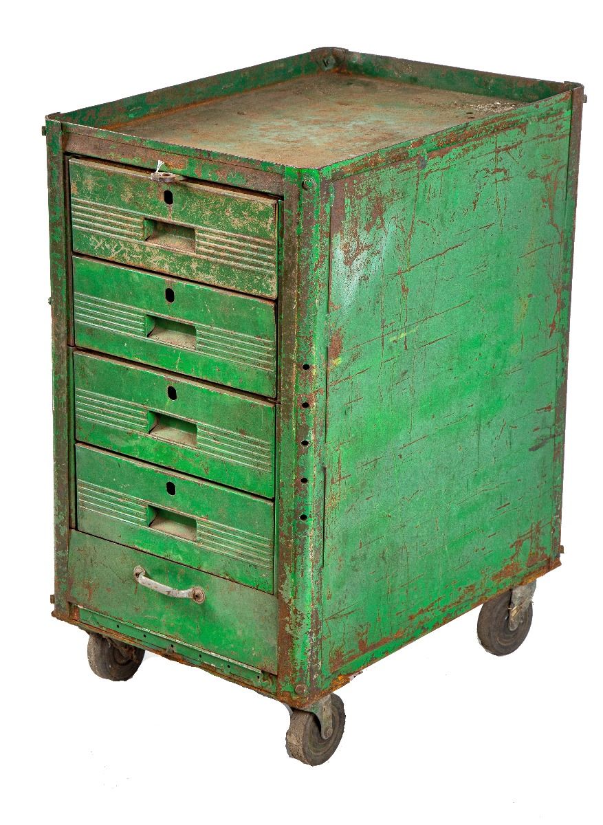 nicely weathered 1940s factory green painted salvaged chicago multi-drawer machine shop cabinet with functional casters