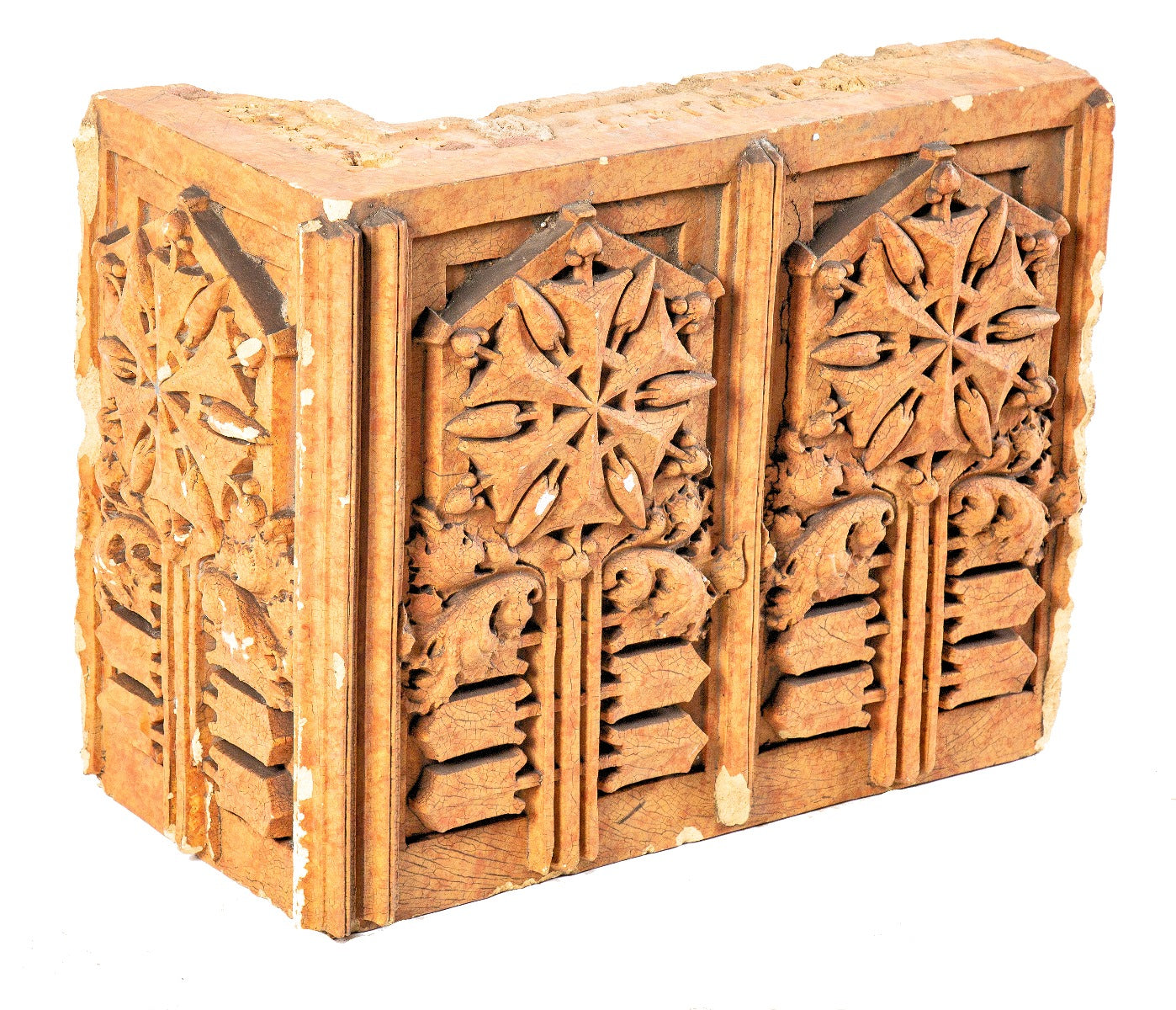 rare three-sided 1936-37 george grant elmslie-designed thomas a. edison school three-sided terra cotta cornice ornament