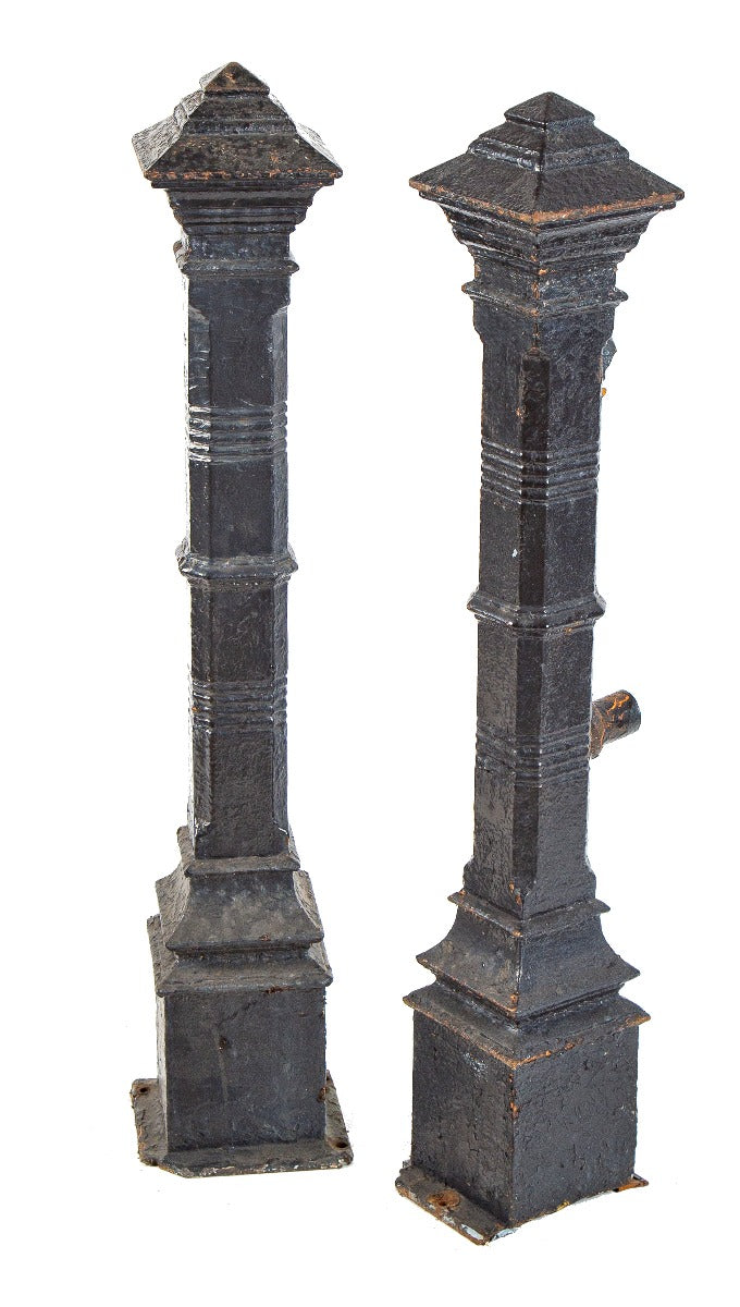 two matching oversized hard to find 1880's salvaged chicago exterior black enameled cast iron newel posts with pyramidal-shaped finials