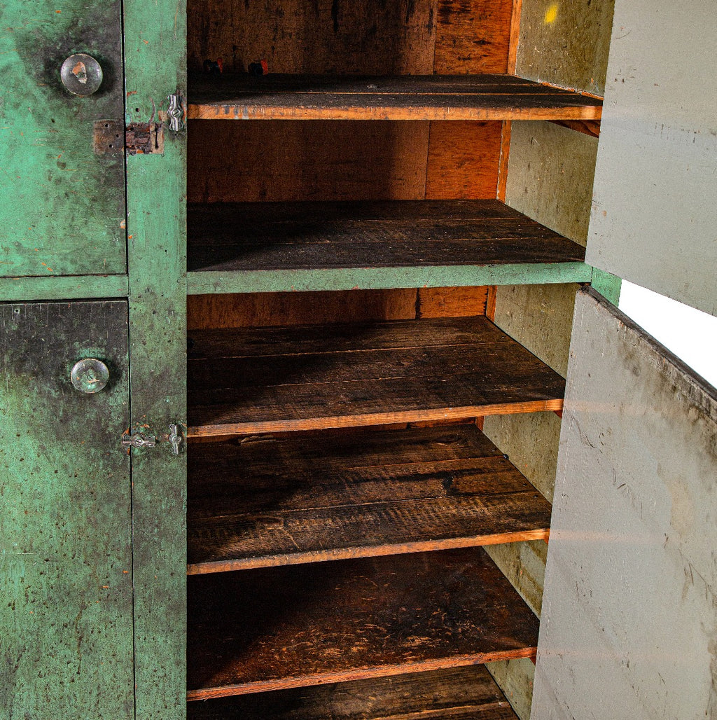 massive salvaged chicago railroad roundhouse locomotive mechanic's compartmentalized pine wood cabinet