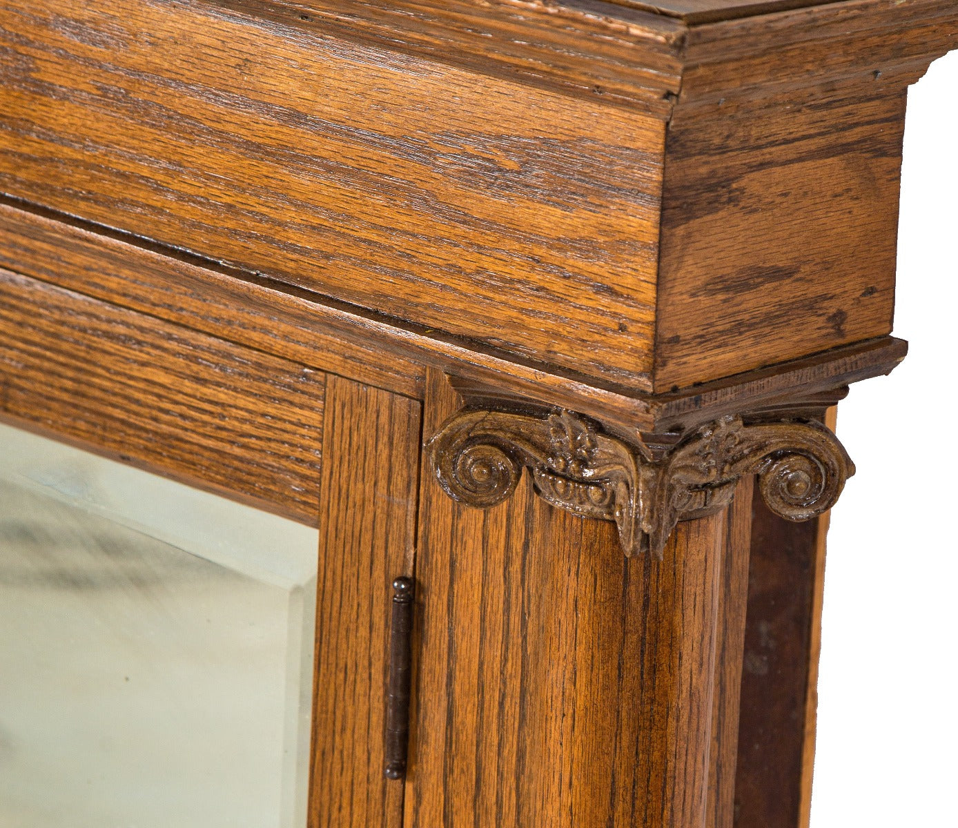 hard to find and highly sought after all original 19th century solid oak wood victorian-era bathroom medicine cabinet with original beveled mirror