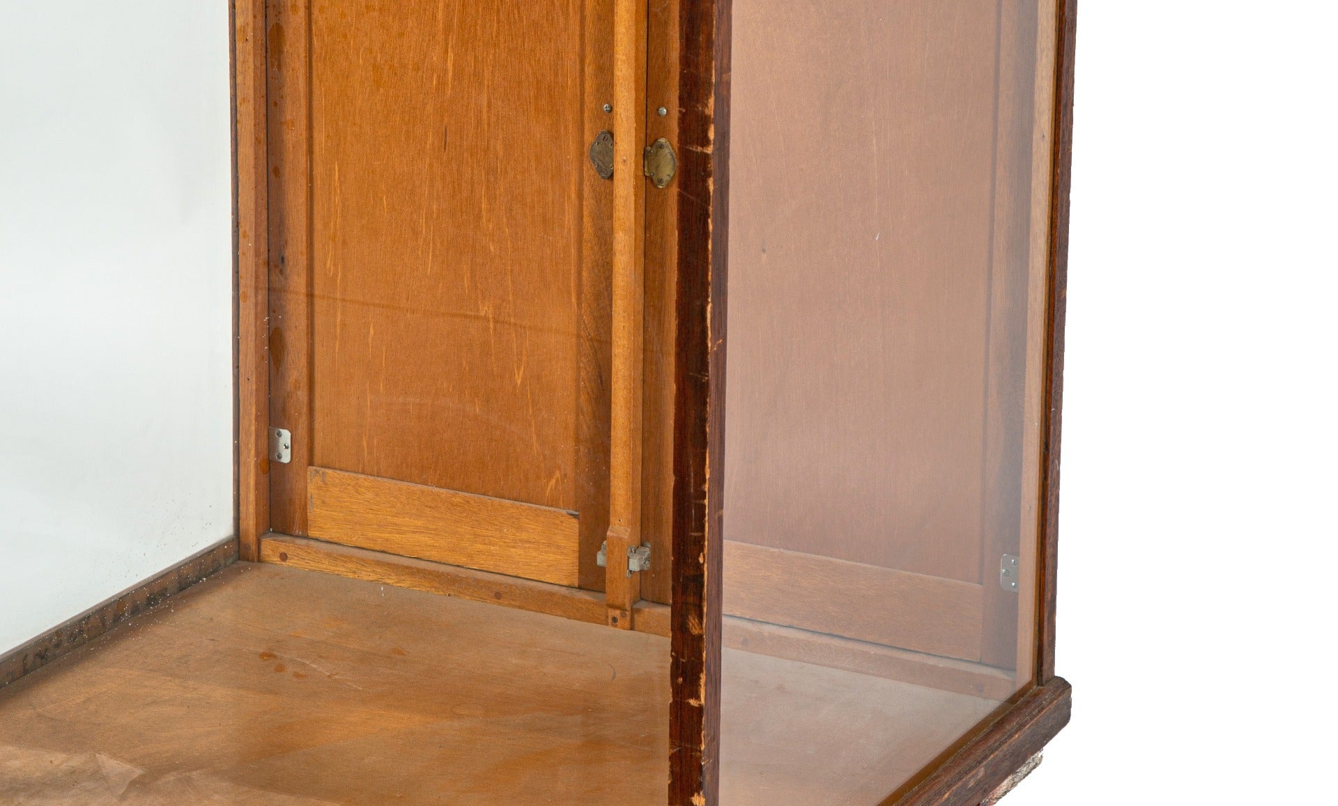 unusually sized all original early 20th century antique american varnished wood display case or cabinet with lockable doors