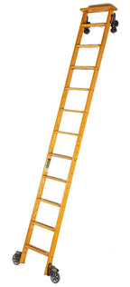 Original vintage american industrial fully functional "cotterman" solid oak wood chicago public library rolling ladder