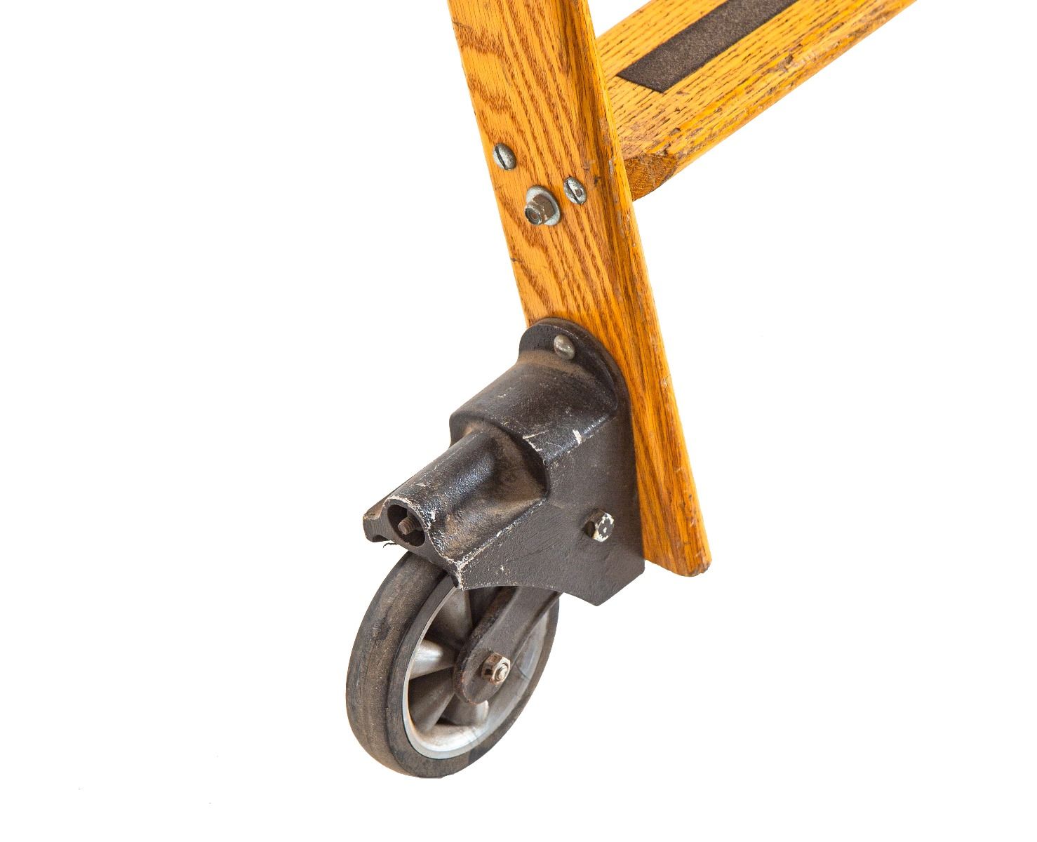 Original vintage american industrial fully functional "cotterman" solid oak wood chicago public library rolling ladder