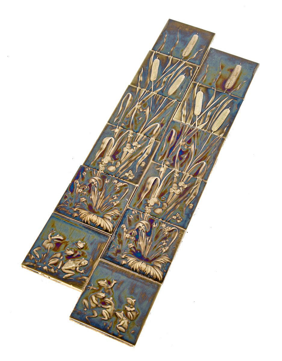one of two matching original 19th century greenish-gray 6 x 6 cattail fireplace tile assemblages with frogs