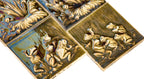 one of two matching original 19th century greenish-gray 6 x 6 cattail fireplace tile assemblages with frogs