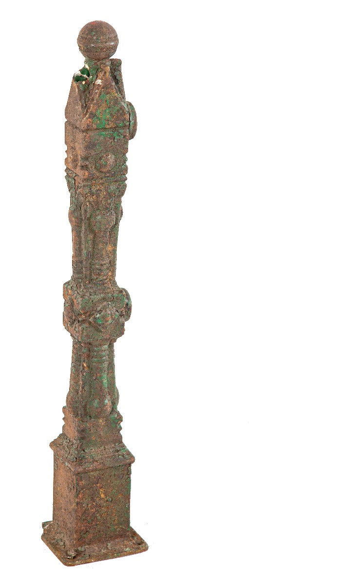 19th century salvaged chicago freestanding ornamental cast iron newel post with ball finial and nicely weathered finish