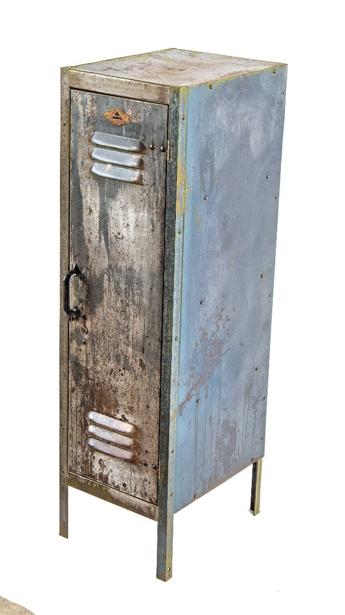rare early 20th century brushed metal "durabilt" diminutive factory locker with louvered door and slide handle