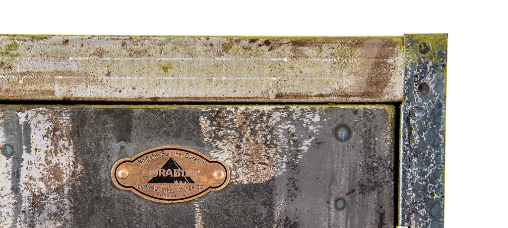 rare early 20th century brushed metal "durabilt" diminutive factory locker with louvered door and slide handle