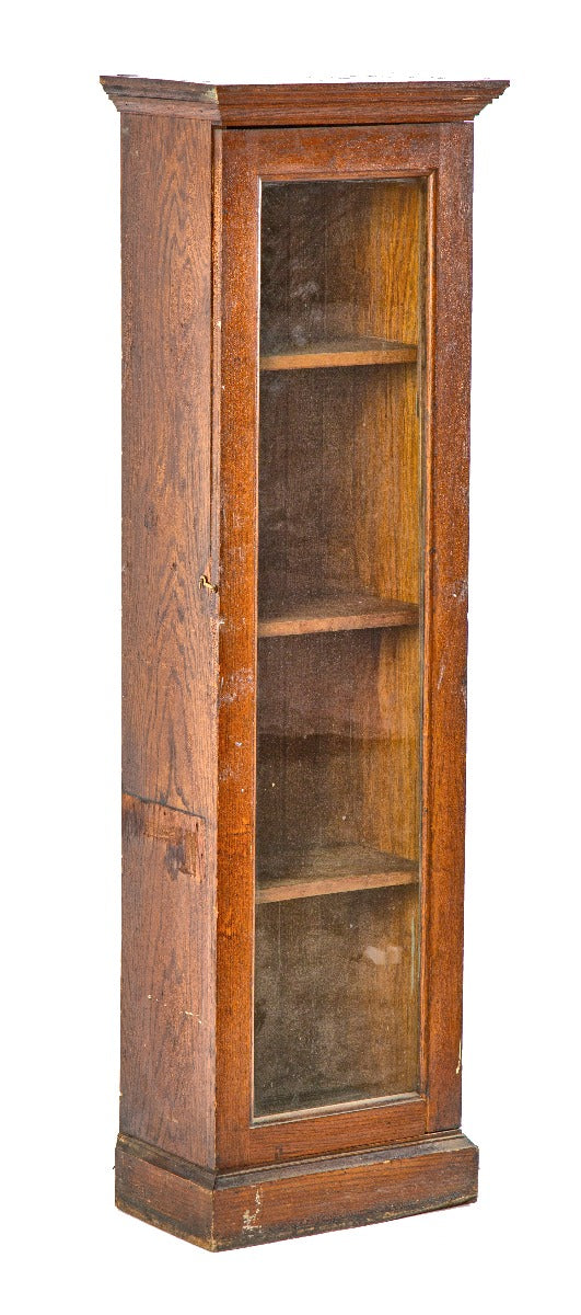 well-maintained varnished oak wood freestanding display cabinet with single glass pane door and multiple shelves
