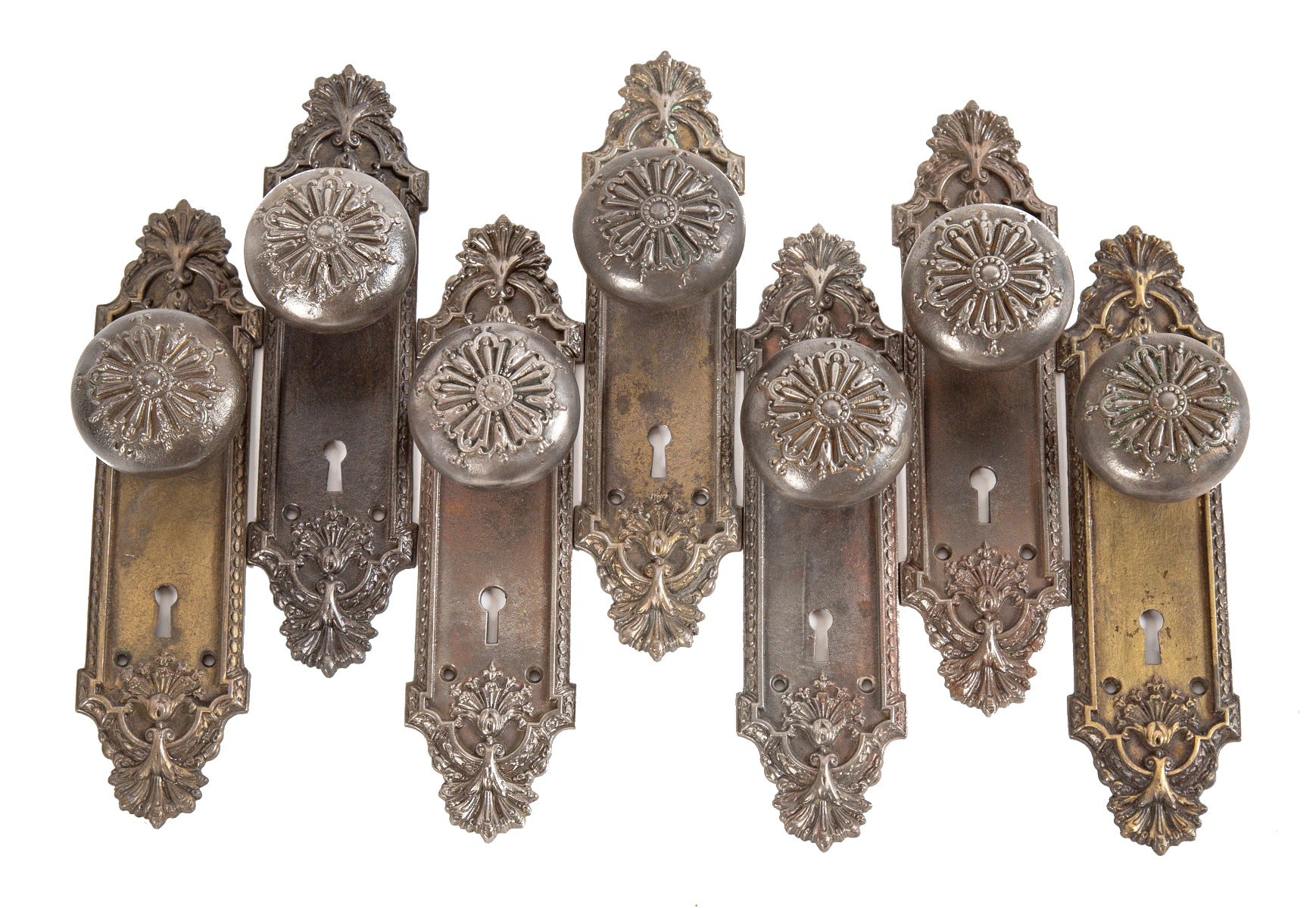 original early 20th century antique american ornamental cast iron "ontario" pattern passage door hardware