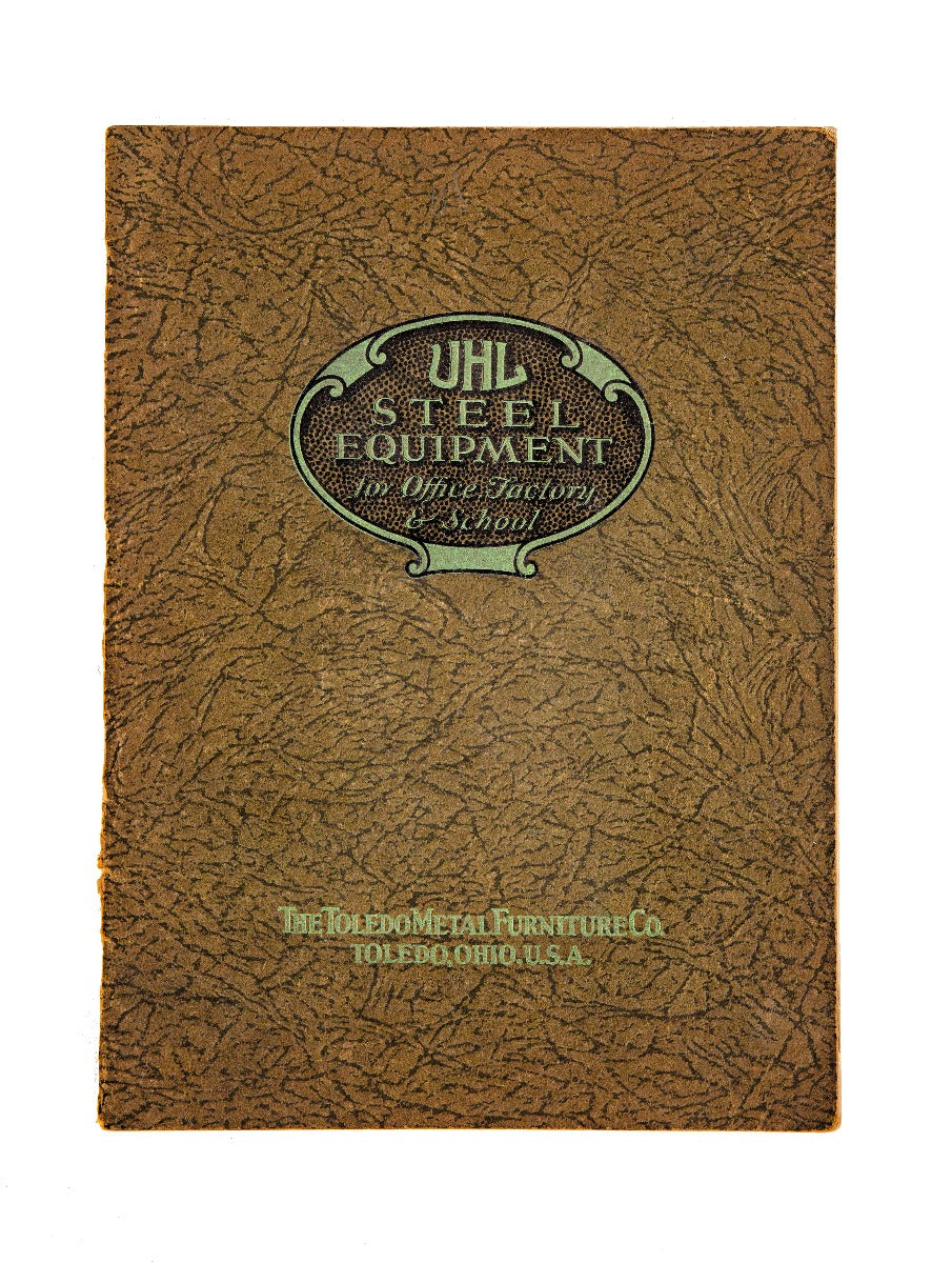highly sought after c. 1929 profusely illustrated "uhl art steel" product or industrial furniture catalog with distinctive textured softbound cover