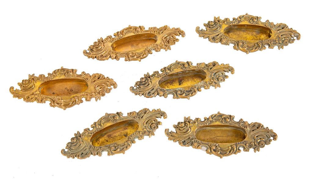 six matching original 1890's antique american ornamental cast brass "vilaine" pattern window sash pulls