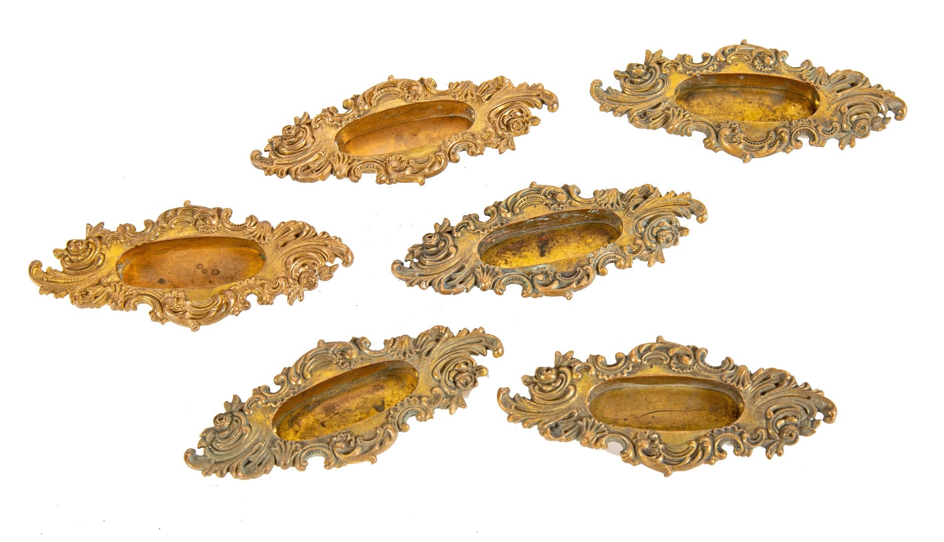 six matching original 1890's antique american ornamental cast brass "vilaine" pattern window sash pulls