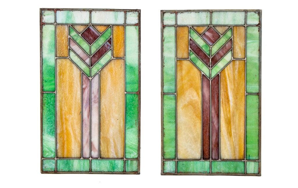 matching pair of original and completely intact prairie style chicago bungalow leaded glass windows with chevron motif