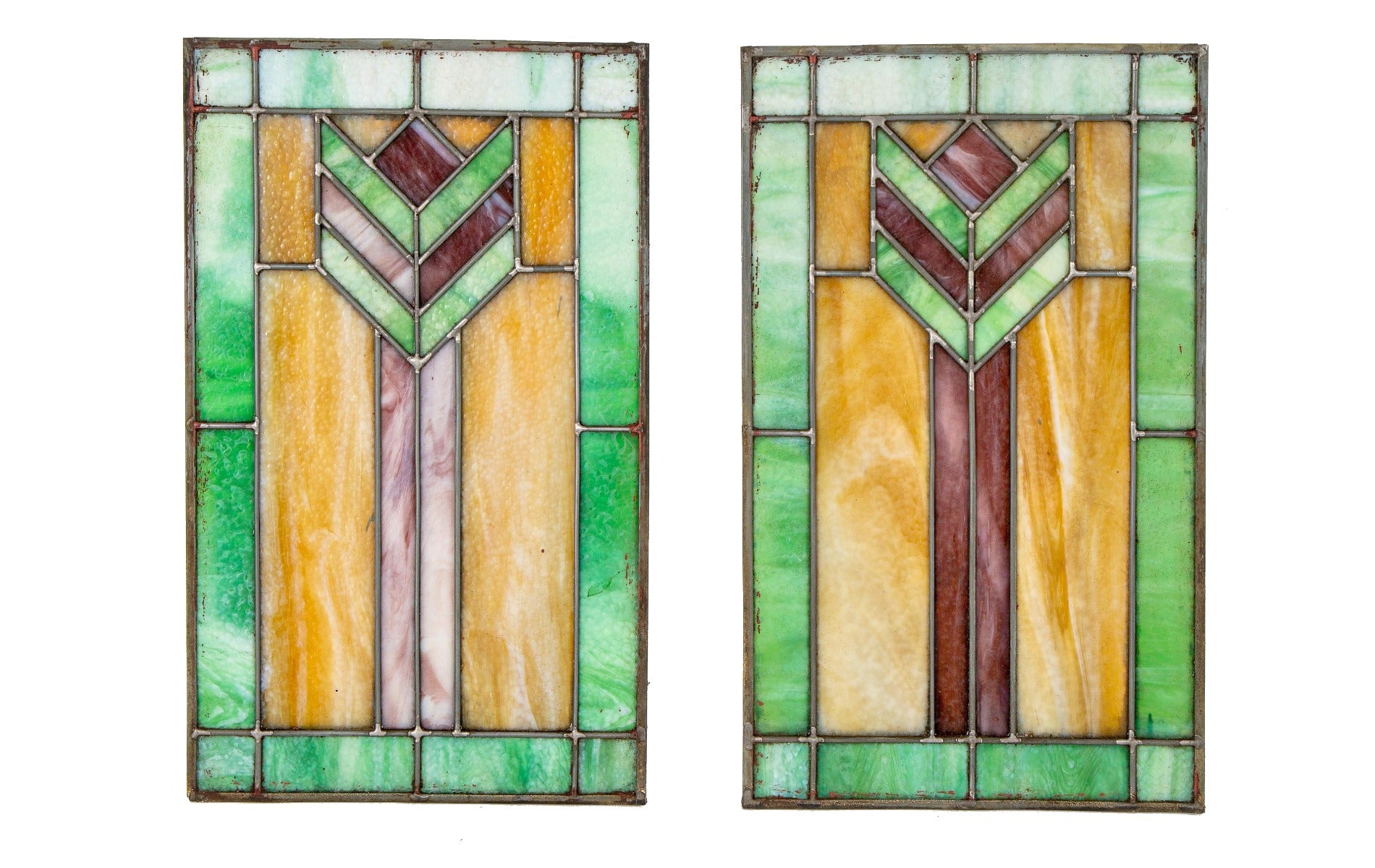 matching pair of original and completely intact prairie style chicago bungalow leaded glass windows with chevron motif
