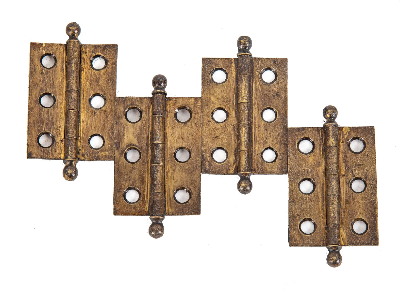 group of four diminutive cast brass cabinet door antique hinges with loose pins topped with ball finials
