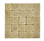 original 19th century 3 x 3 inch yellow glazed deeply embossed majolica tiles with torches and laurel wreaths