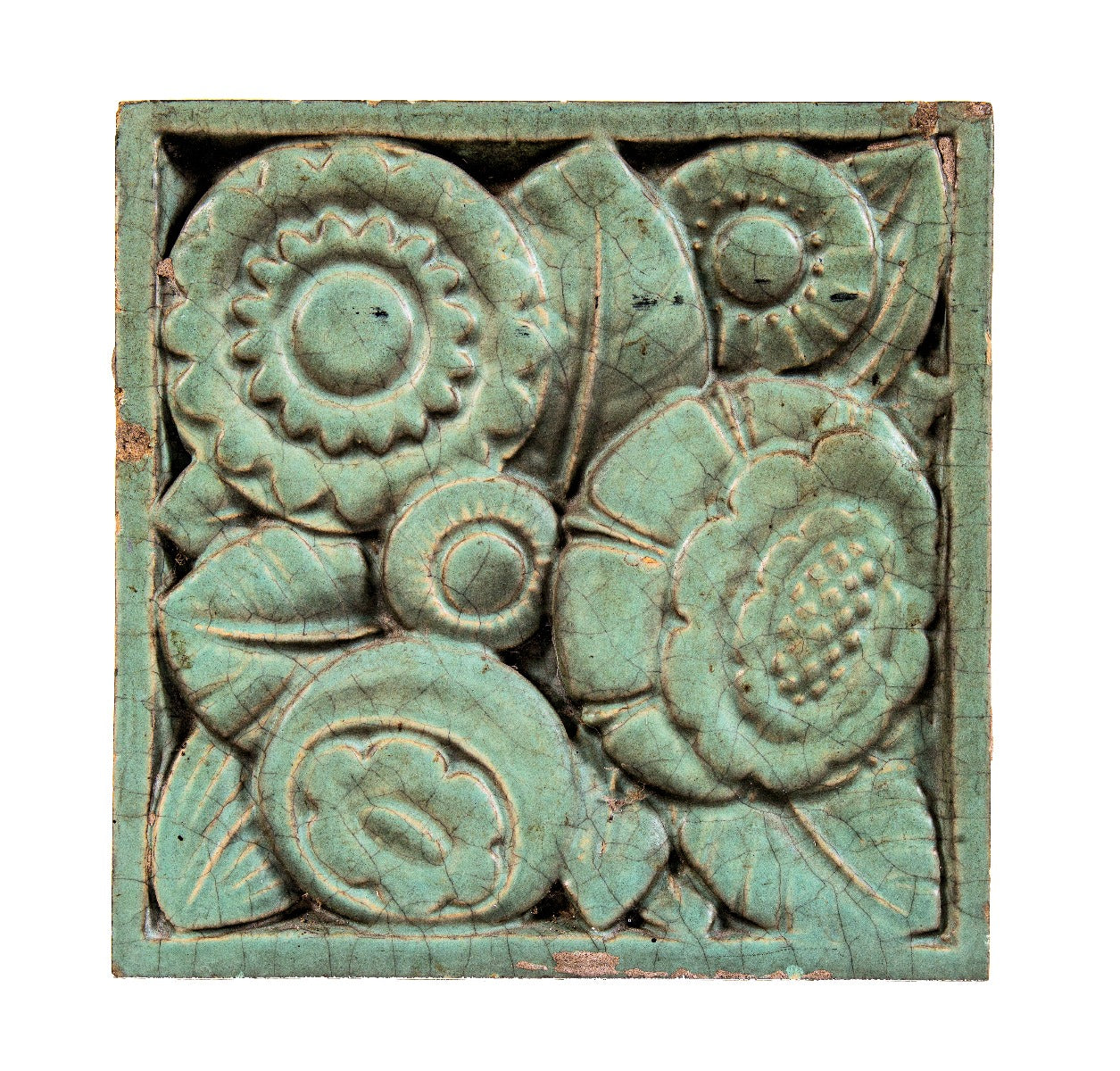 hard to find richly ornamented stock pattern green glazed art deco style terra cotta panel from south side chicago building