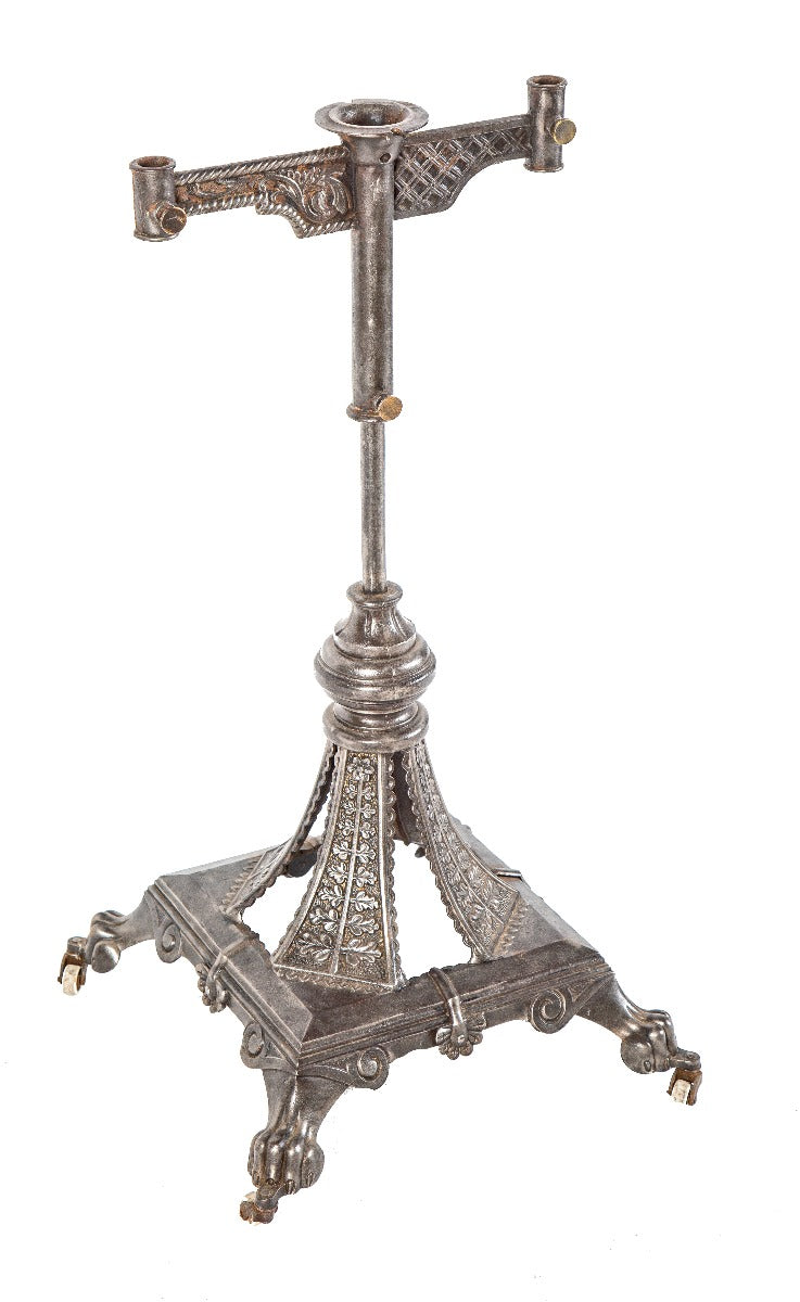 unusual 19th or early 20th century ornamental cast iron mobile and fully adjustable book stand base with casters