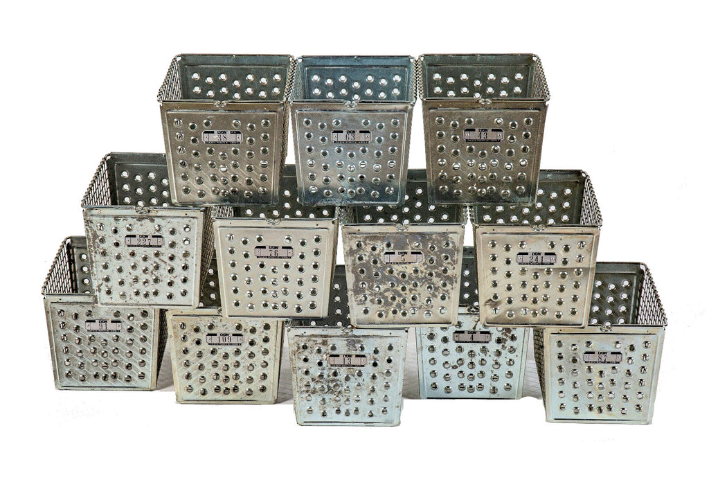 group of twelve highly desirable vintage american industrial chicago public school steel locker baskets
