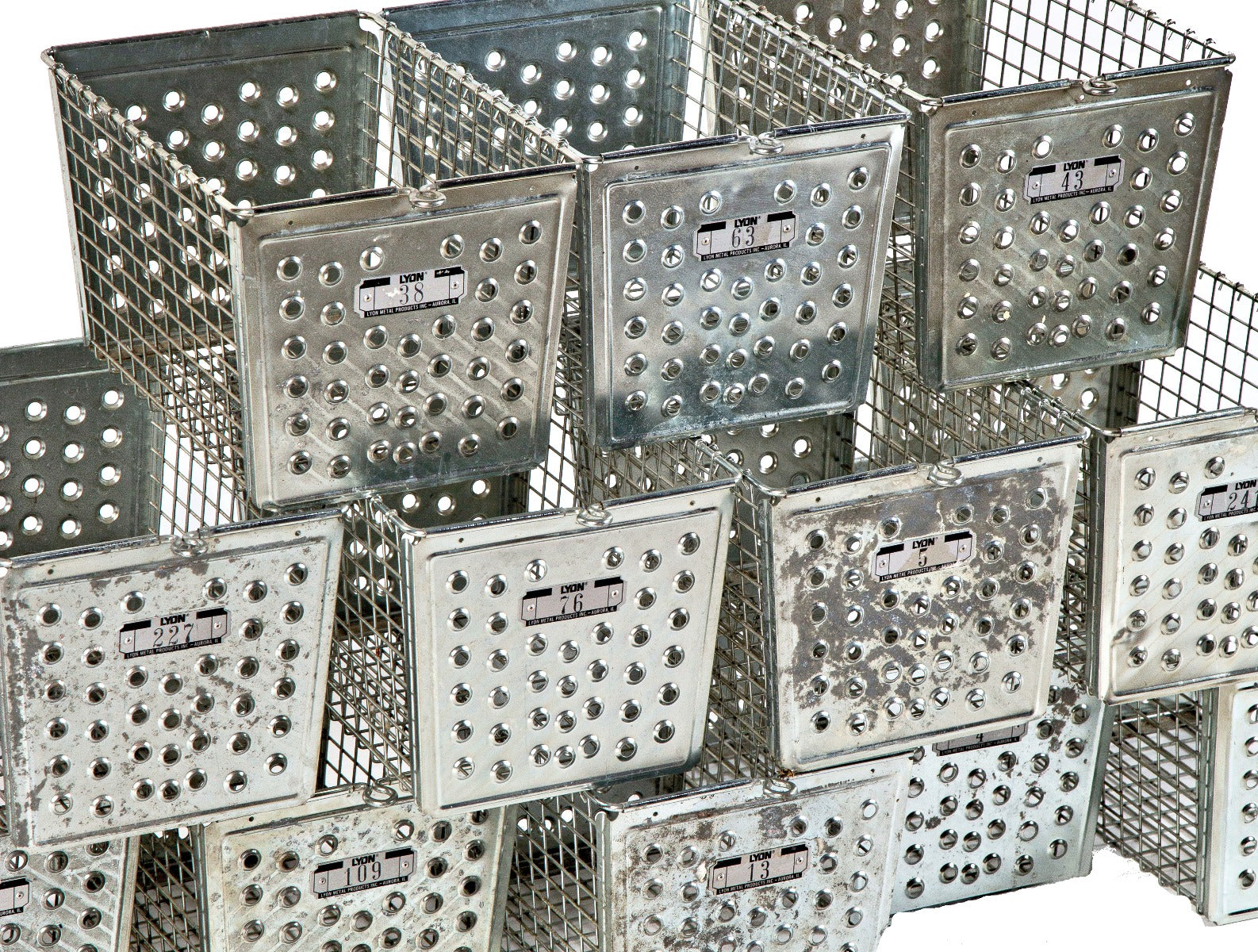 group of twelve highly desirable vintage american industrial chicago public school steel locker baskets