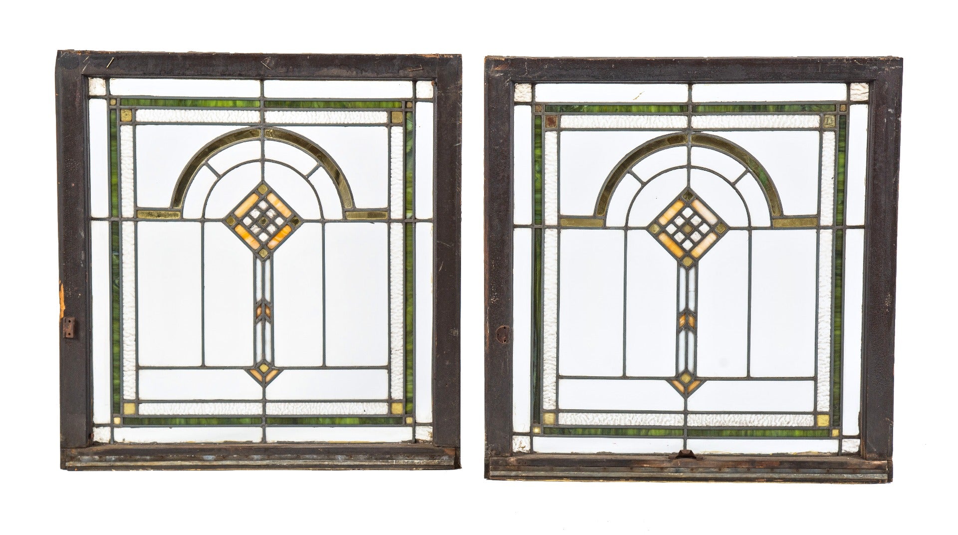 two matching original early 20th century highly sought after bungalow leaded art glass salvaged chicago windows