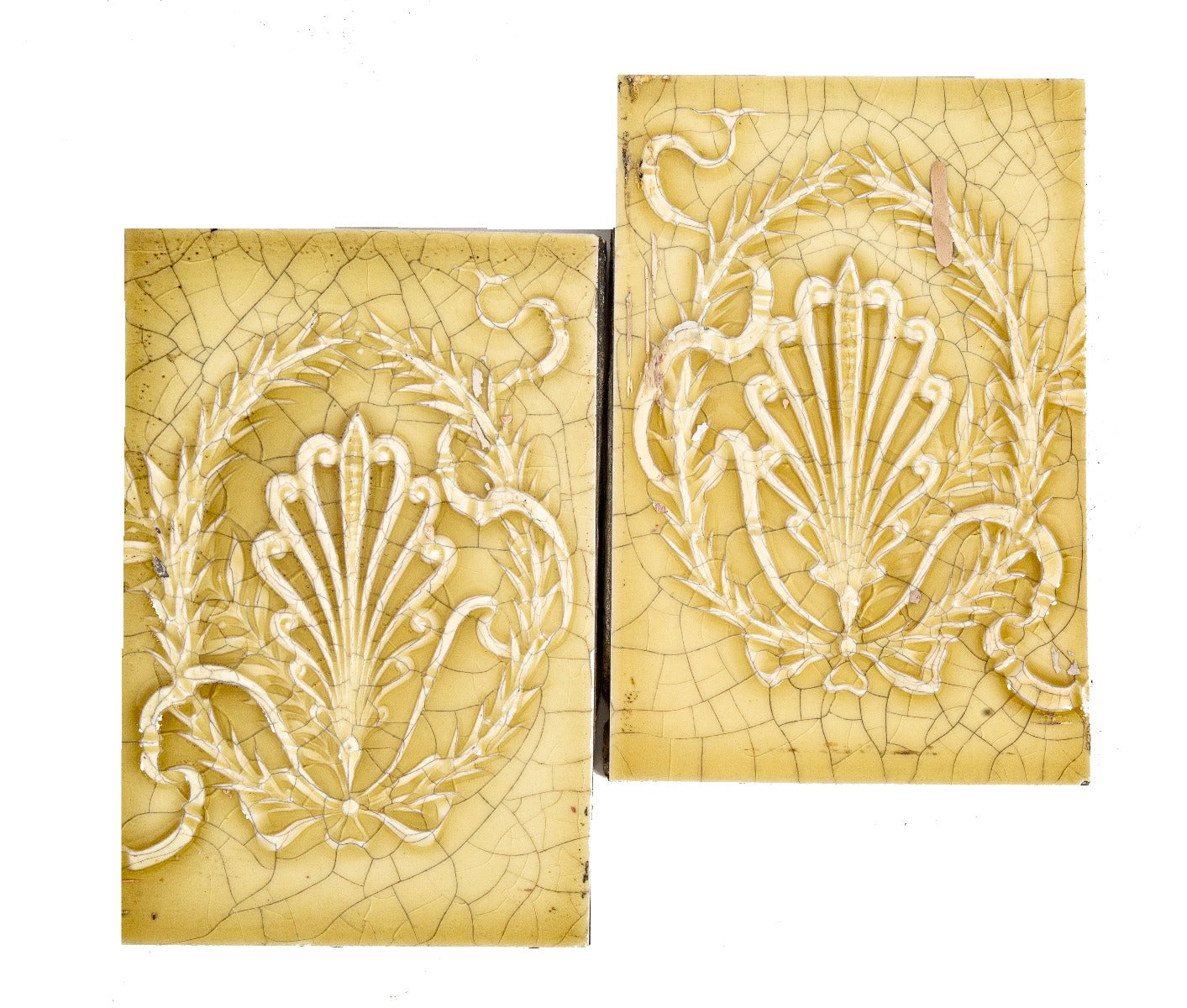 SINGLE original 19th century heavily crazed oversized canary yellow salvaged chicago victorian fireplace tile with anthemions