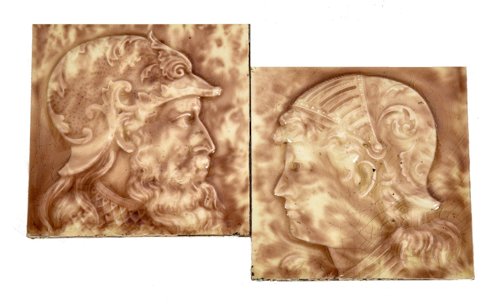 matching set of hard to find 19th century mottled glazed cambridge figural fireplace tiles featuring soldier heads