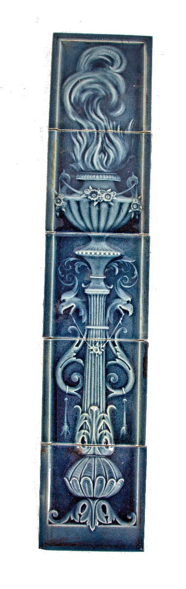 original deep cobalt blue 19th century american set of salvaged chicago fireplace tiles featuring flame finial urn