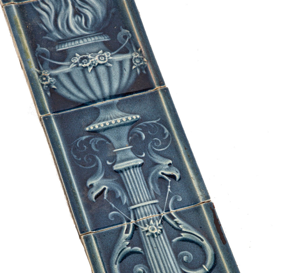original deep cobalt blue 19th century american set of salvaged chicago fireplace tiles featuring flame finial urn