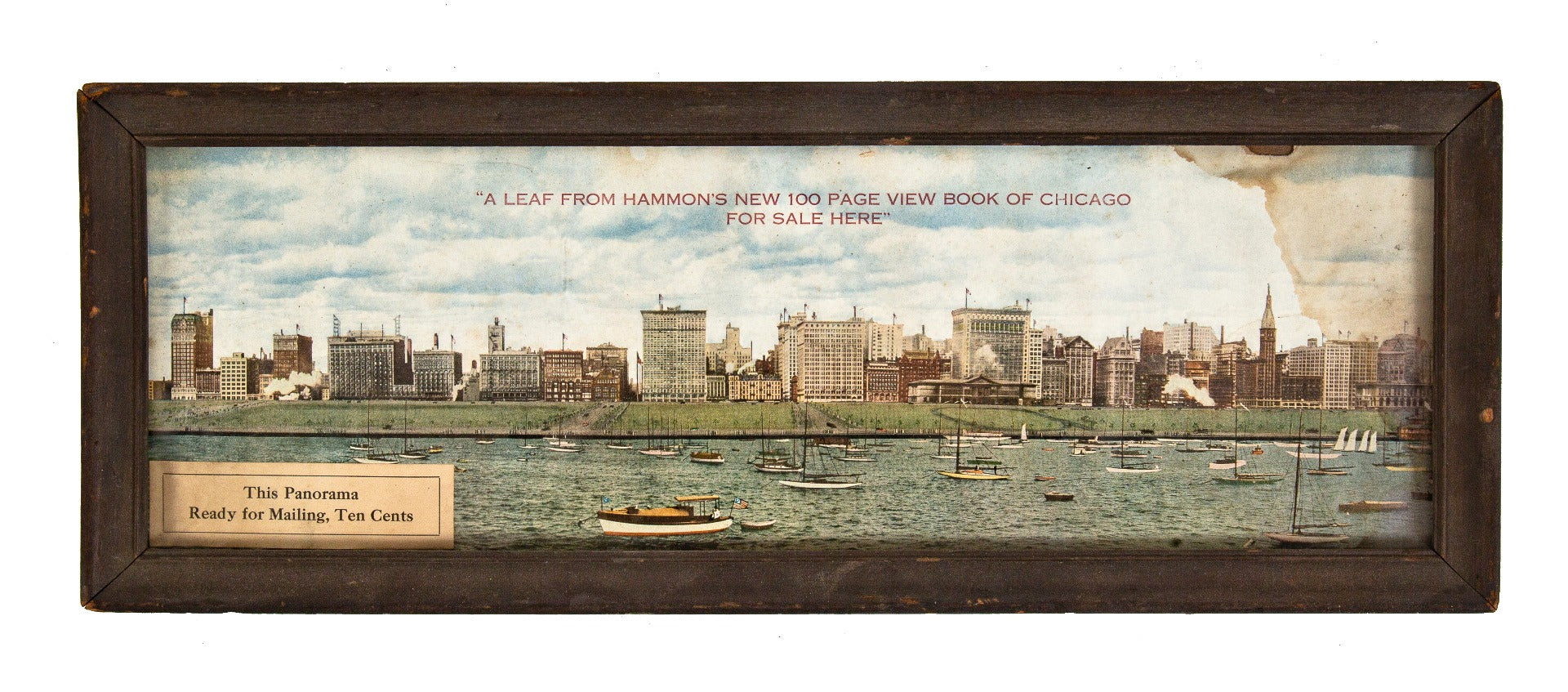 very rare early 20th century framed lithographic print depicting a panoramic view of notable chicago buildings along the historic michigan avenue district