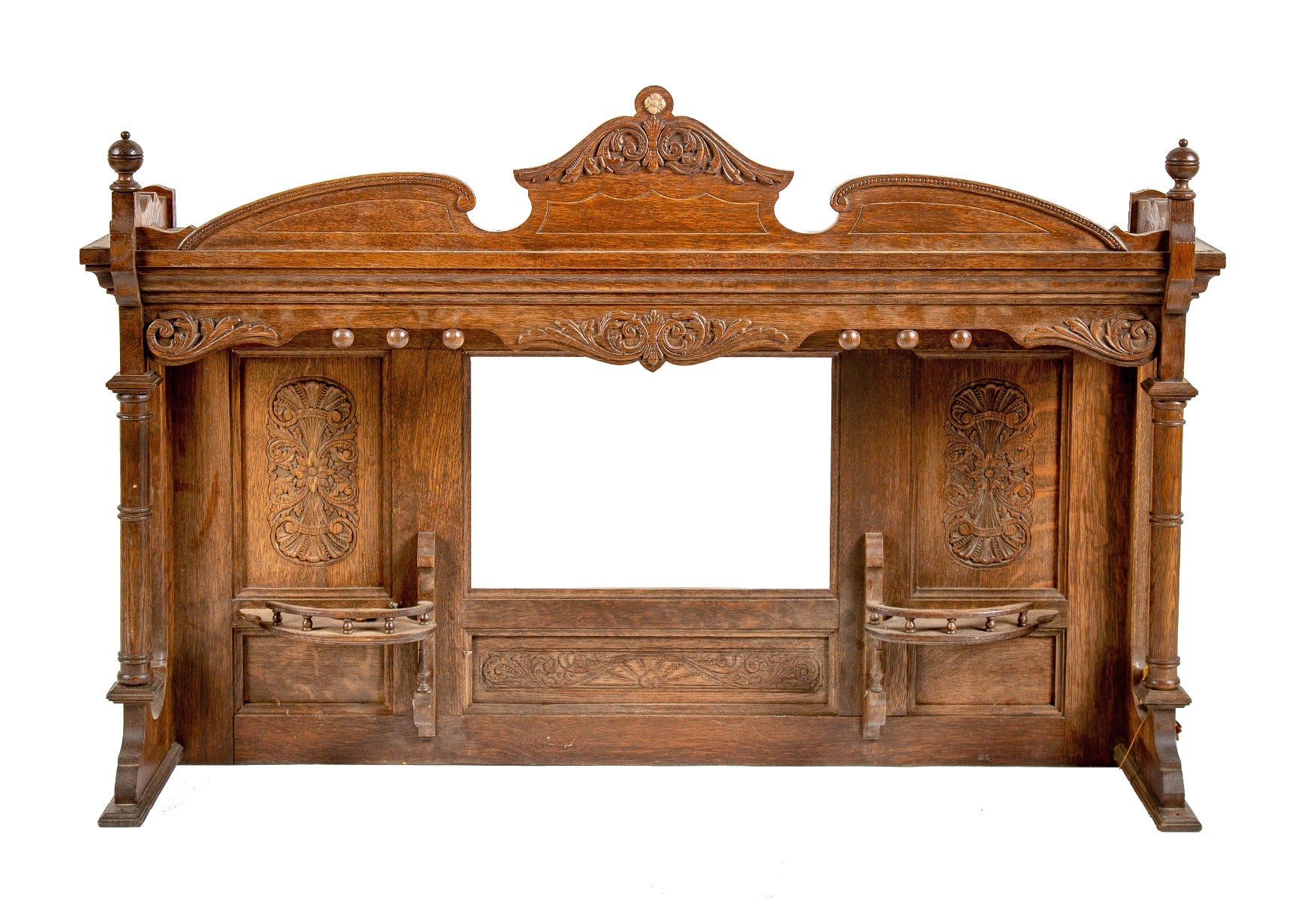 fanciful 19th century refinished american victorian-era fireplace overmantel with shelves and centrally located opening for mirror