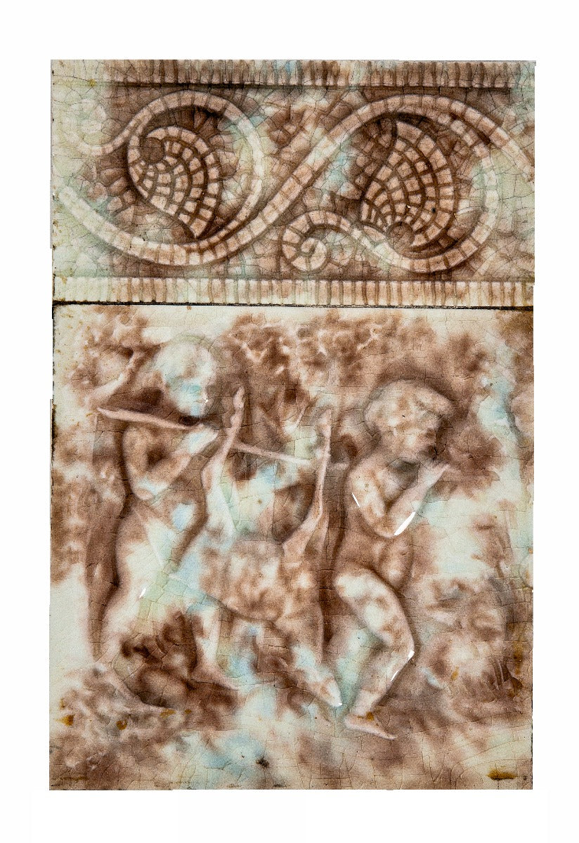 unusual 19th century antique american ornamental figural 6 x 6 inch tile with cherub hunting scene